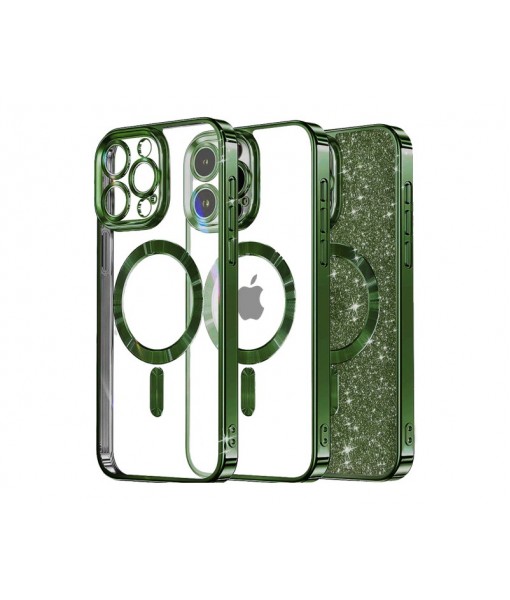 Husa iPhone 15 Pro Max, Crystal Glitter MagSafe cu Protectie La Camere, Green